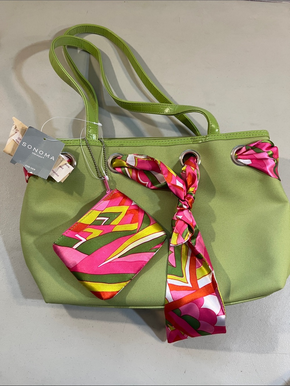 SONOMA Lime Green Tote with Pink Multicolor Scarf Accent - Picture 1 of 4